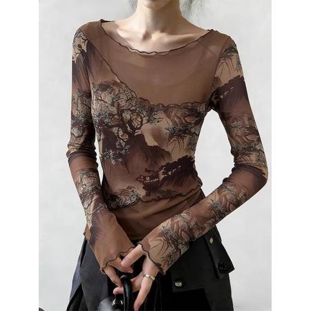 BY16547# 官拍大码女装复古印花长袖T恤女双层网纱拼接气质高级感防晒上衣  服裝批發女裝批發服飾貨源