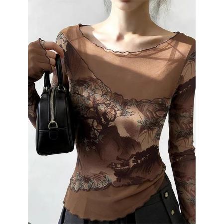 BY16547# 官拍大码女装复古印花长袖T恤女双层网纱拼接气质高级感防晒上衣  服裝批發女裝批發服飾貨源