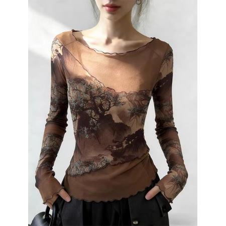 BY16547# 官拍大码女装复古印花长袖T恤女双层网纱拼接气质高级感防晒上衣  服裝批發女裝批發服飾貨源