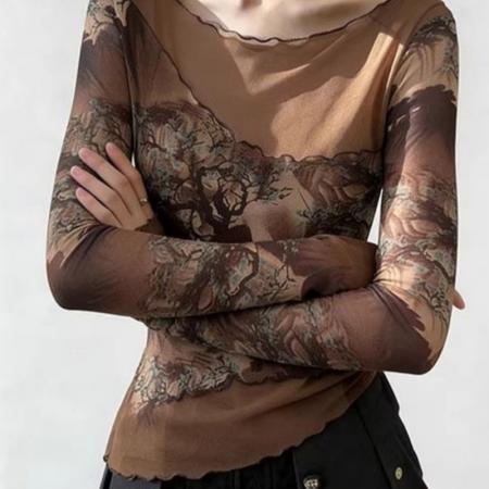 BY16547# 官拍大码女装复古印花长袖T恤女双层网纱拼接气质高级感防晒上衣  服裝批發女裝批發服飾貨源