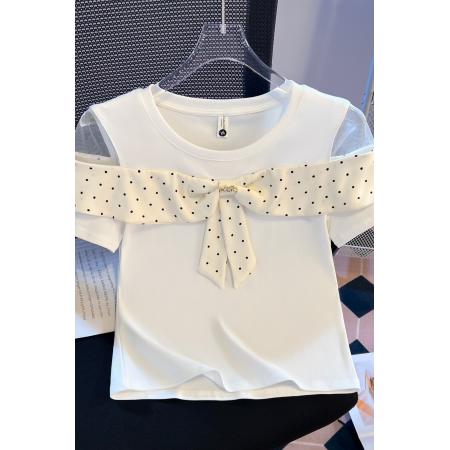 BY16548# 夏季新款女装短袖T恤韩版露肩蝴蝶结波点气质显瘦上衣  服裝批發女裝批發服飾貨源