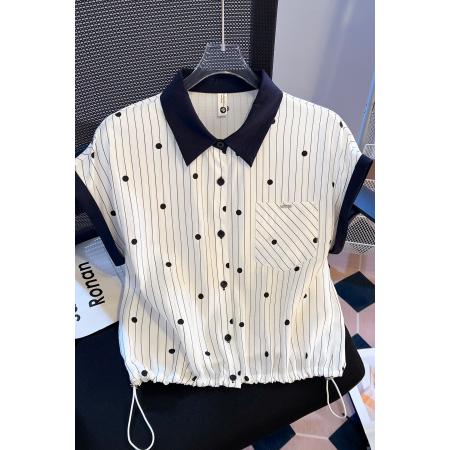 BY16549# 夏季新款女装短袖寸衫小众拼色波点条纹气质翻领百搭  服裝批發女裝批發服飾貨源
