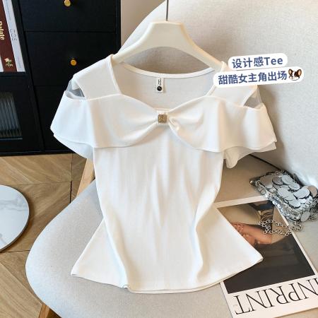 BY16550# 夏季新款女装短袖T恤时尚露肩蝴蝶结设计百搭气质上衣  服裝批發女裝批發服飾貨源