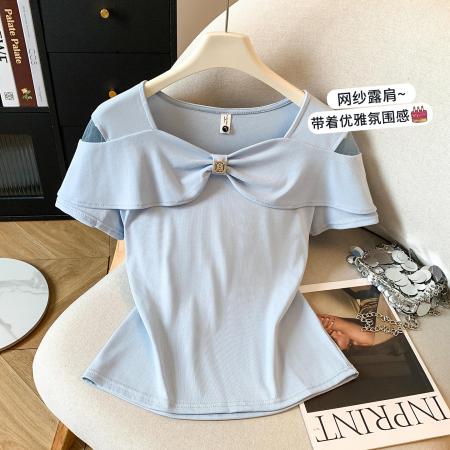 BY16550# 夏季新款女装短袖T恤时尚露肩蝴蝶结设计百搭气质上衣  服裝批發女裝批發服飾貨源