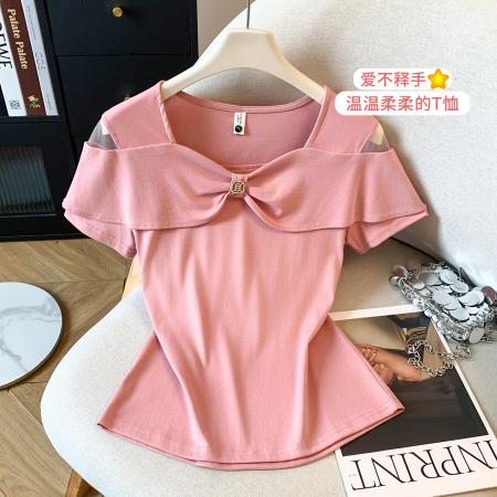 BY16550# 夏季新款女装短袖T恤时尚露肩蝴蝶结设计百搭气质上衣  服裝批發女裝批發服飾貨源