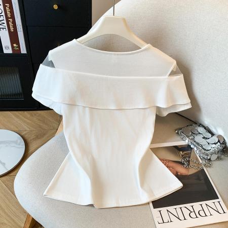 BY16550# 夏季新款女装短袖T恤时尚露肩蝴蝶结设计百搭气质上衣  服裝批發女裝批發服飾貨源