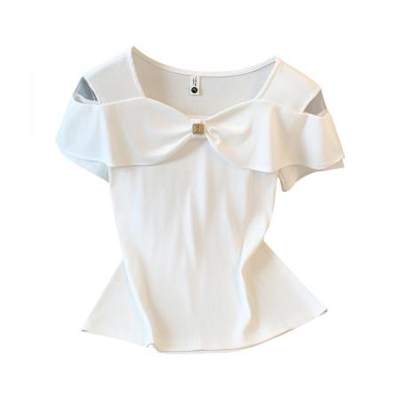BY16550# 夏季新款女装短袖T恤时尚露肩蝴蝶结设计百搭气质上衣  服裝批發女裝批發服飾貨源