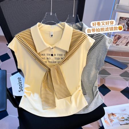 BY16551# 夏季新款女装短袖T恤港风时尚减龄披肩收腰上衣  服裝批發女裝批發服飾貨源