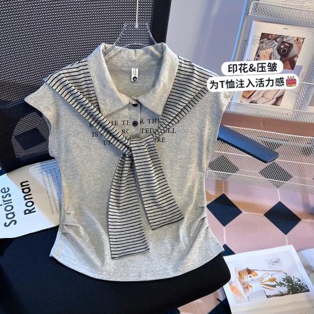 BY16551# 夏季新款女装短袖T恤港风时尚减龄披肩收腰上衣  服裝批發女裝批發服飾貨源