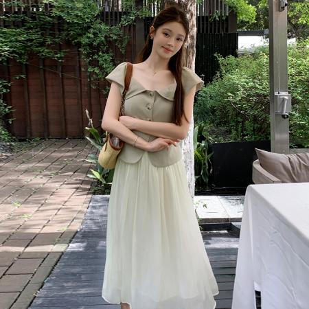 BY16554# 新中式套装女夏季新款气质上衣高腰显瘦半身裙两件套温柔风长裙  服裝批發女裝批發服飾貨源