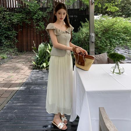 BY16554# 新中式套装女夏季新款气质上衣高腰显瘦半身裙两件套温柔风长裙  服裝批發女裝批發服飾貨源