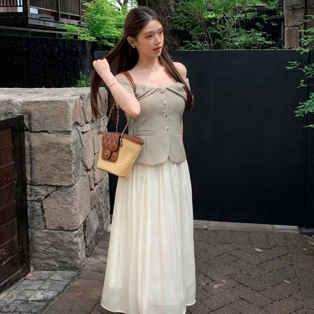 BY16554# 新中式套装女夏季新款气质上衣高腰显瘦半身裙两件套温柔风长裙  服裝批發女裝批發服飾貨源