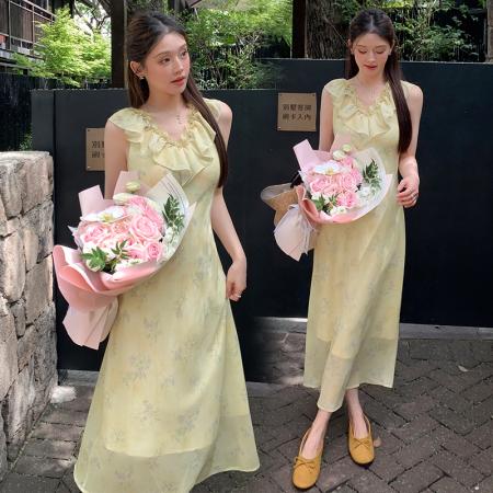 BY16555# 夏季新款法式收腰连衣裙女气质显瘦长款黄绿色温柔风度假长裙  服裝批發女裝批發服飾貨源