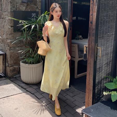 BY16555# 夏季新款法式收腰连衣裙女气质显瘦长款黄绿色温柔风度假长裙  服裝批發女裝批發服飾貨源
