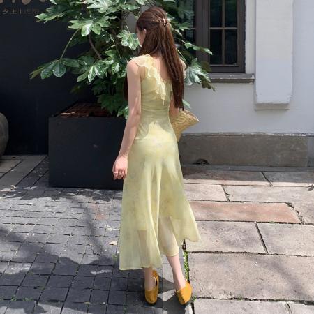 BY16555# 夏季新款法式收腰连衣裙女气质显瘦长款黄绿色温柔风度假长裙  服裝批發女裝批發服飾貨源