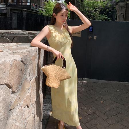 BY16555# 夏季新款法式收腰连衣裙女气质显瘦长款黄绿色温柔风度假长裙  服裝批發女裝批發服飾貨源