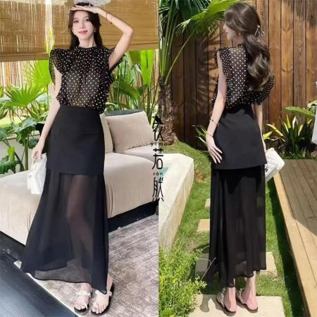 BY16556# 法式气质套装女士夏季新款洋气波点短袖上衣网纱拼接半身裙两件套  服裝批發女裝批發服飾貨源