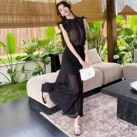 BY16556# 法式气质套装女士夏季新款洋气波点短袖上衣网纱拼接半身裙两件套  服裝批發女裝批發服飾貨源