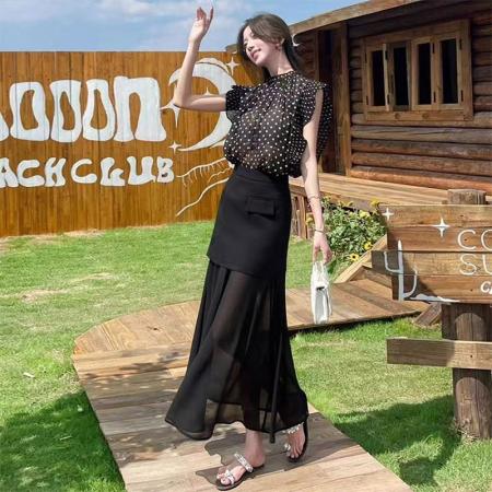 BY16556# 法式气质套装女士夏季新款洋气波点短袖上衣网纱拼接半身裙两件套  服裝批發女裝批發服飾貨源