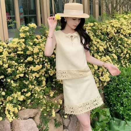BY16557# 坤总槐绣小香风套装女夏新款流苏蕾丝马甲半身裙两件套女  服裝批發女裝批發服飾貨源