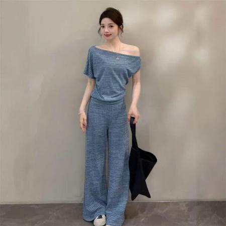 BY16558# 颂宋夏季新款简约时尚休闲短上衣搭配高腰阔腿裤女款套装  服裝批發女裝批發服飾貨源