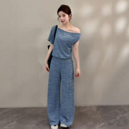 BY16558# 颂宋夏季新款简约时尚休闲短上衣搭配高腰阔腿裤女款套装  服裝批發女裝批發服飾貨源
