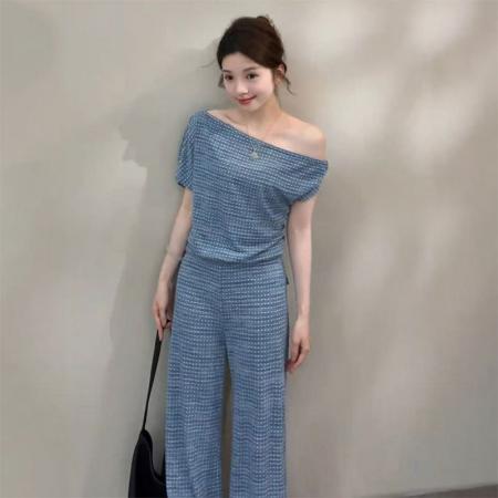 BY16558# 颂宋夏季新款简约时尚休闲短上衣搭配高腰阔腿裤女款套装  服裝批發女裝批發服飾貨源