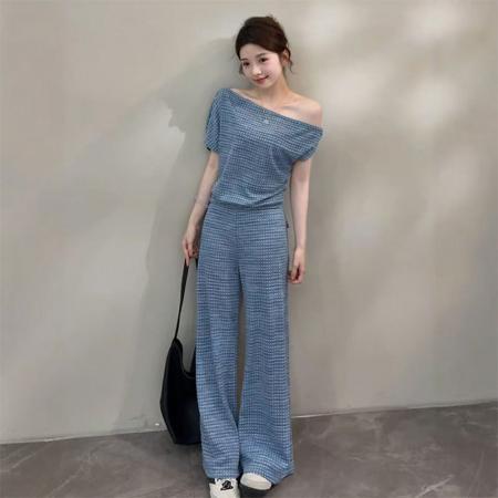 BY16558# 颂宋夏季新款简约时尚休闲短上衣搭配高腰阔腿裤女款套装  服裝批發女裝批發服飾貨源