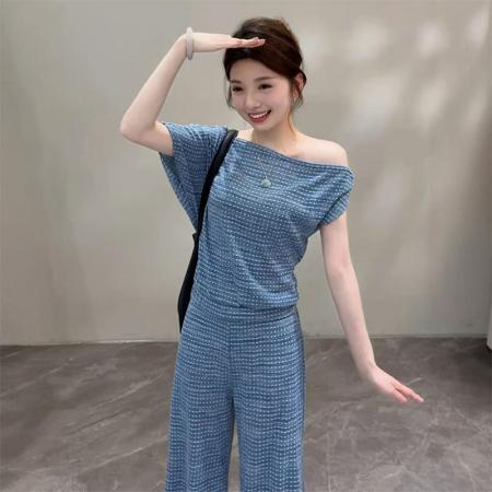 BY16558# 颂宋夏季新款简约时尚休闲短上衣搭配高腰阔腿裤女款套装  服裝批發女裝批發服飾貨源