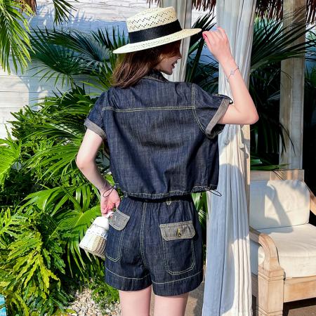 BY16559# 夏季新款短款时尚牛仔衬衫外套高腰五分裤套装女  服裝批發女裝批發服飾貨源