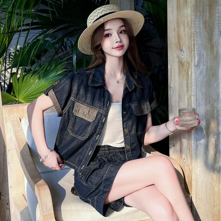 BY16559# 夏季新款短款时尚牛仔衬衫外套高腰五分裤套装女  服裝批發女裝批發服飾貨源