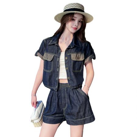 BY16559# 夏季新款短款时尚牛仔衬衫外套高腰五分裤套装女  服裝批發女裝批發服飾貨源