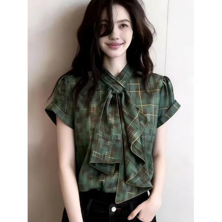 BY16560# 欧货高端定制绿色格子大码上衣女夏季新款复古风雅致系带短袖  服裝批發女裝批發服飾貨源