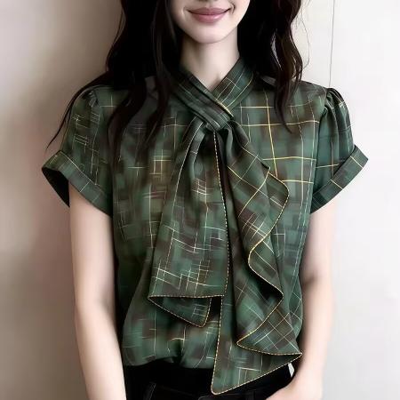 BY16560# 欧货高端定制绿色格子大码上衣女夏季新款复古风雅致系带短袖  服裝批發女裝批發服飾貨源