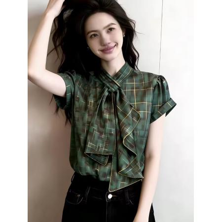 BY16560# 欧货高端定制绿色格子大码上衣女夏季新款复古风雅致系带短袖  服裝批發女裝批發服飾貨源