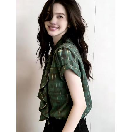 BY16560# 欧货高端定制绿色格子大码上衣女夏季新款复古风雅致系带短袖  服裝批發女裝批發服飾貨源