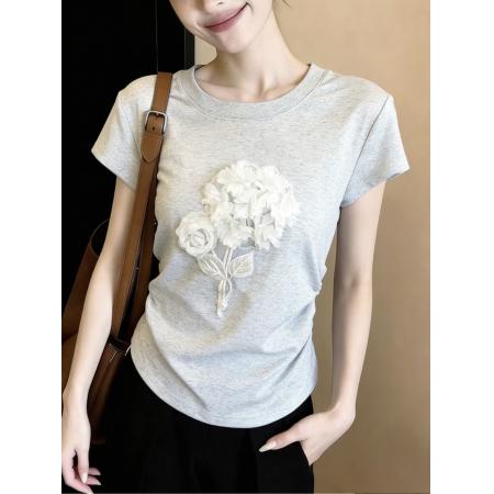 BY16562# 韩系设计感立体花朵刺绣短袖T恤上衣女夏小个子短款收腰小衫  服裝批發女裝批發服飾貨源