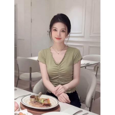 BY16563# 轻熟辣妹风橄榄绿褶皱T恤夏季新款收腰抽褶设计感气质上衣  服裝批發女裝批發服飾貨源