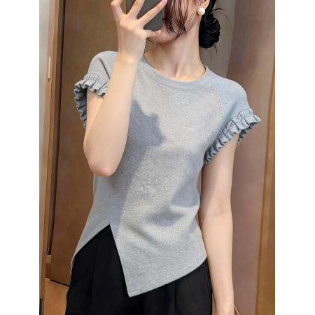 BY16564# 欧货高级感短袖T恤女夏季新款时尚减龄气质不规则开叉灰色上衣  服裝批發女裝批發服飾貨源