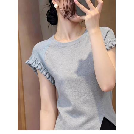 BY16564# 欧货高级感短袖T恤女夏季新款时尚减龄气质不规则开叉灰色上衣  服裝批發女裝批發服飾貨源