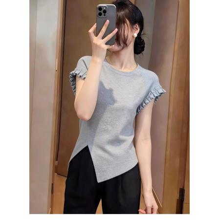 BY16564# 欧货高级感短袖T恤女夏季新款时尚减龄气质不规则开叉灰色上衣  服裝批發女裝批發服飾貨源