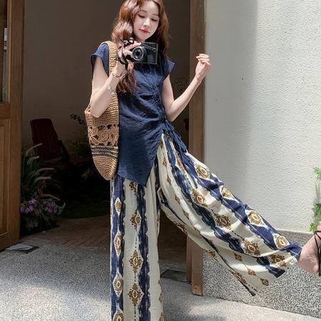 BY16565# 藏青色套装女夏季新款民族风松弛感系带衬衫印花阔腿裤两件套  服裝批發女裝批發服飾貨源