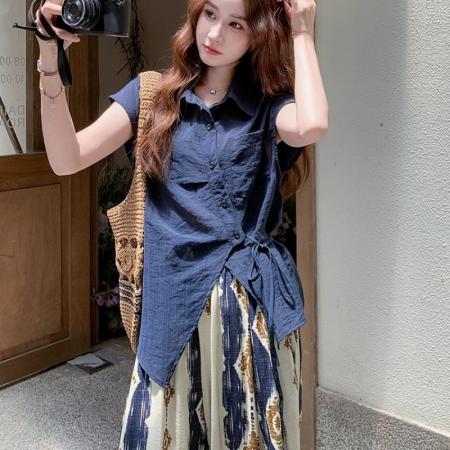 BY16565# 藏青色套装女夏季新款民族风松弛感系带衬衫印花阔腿裤两件套  服裝批發女裝批發服飾貨源