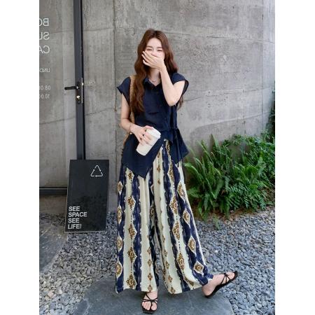 BY16565# 藏青色套装女夏季新款民族风松弛感系带衬衫印花阔腿裤两件套  服裝批發女裝批發服飾貨源