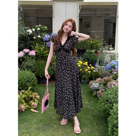 夏季新款法式优雅蕾丝拼接裙子短袖雪纺碎花连衣裙女  服裝批發女裝批發服飾貨源