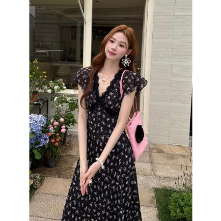 BY16567# 夏季新款法式优雅蕾丝拼接裙子短袖雪纺碎花连衣裙女  服裝批發女裝批發服飾貨源