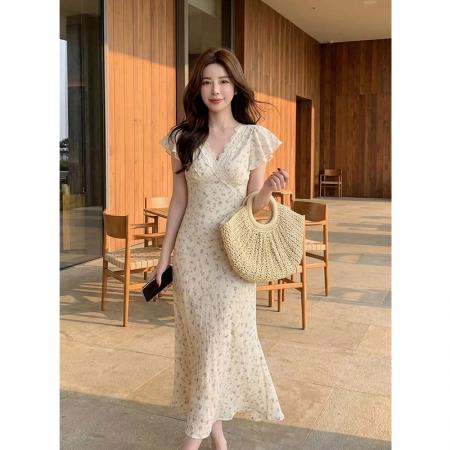 BY16567# 夏季新款法式优雅蕾丝拼接裙子短袖雪纺碎花连衣裙女  服裝批發女裝批發服飾貨源