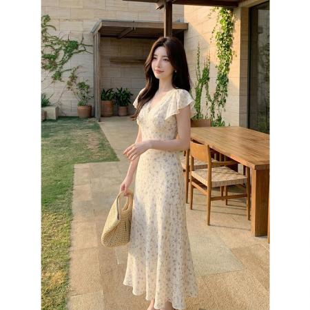 BY16567# 夏季新款法式优雅蕾丝拼接裙子短袖雪纺碎花连衣裙女  服裝批發女裝批發服飾貨源