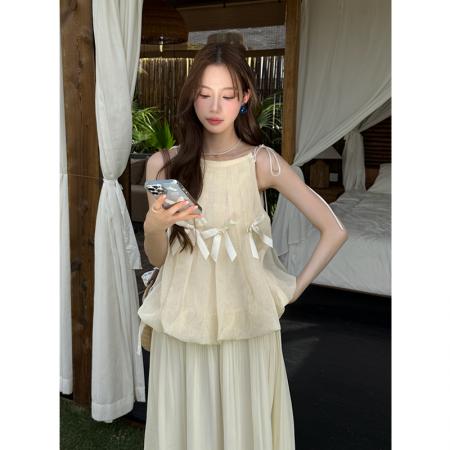 BY16568# 夏季新款纯色无袖雪纺衫+雪纺半身裙两件套女时尚套装  服裝批發女裝批發服飾貨源