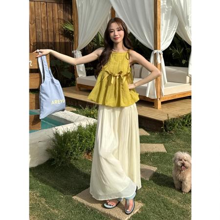 BY16568# 夏季新款纯色无袖雪纺衫+雪纺半身裙两件套女时尚套装  服裝批發女裝批發服飾貨源